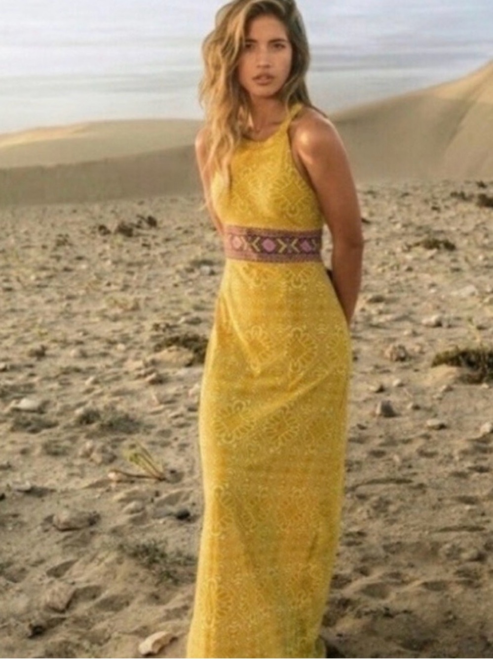Prana Skye Maxi Dress Mustard Gold with Pink Tribal Waistband & Back Ties